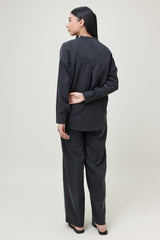 CO-ORD SET WITH MANDARIN COLLAR SHIRT & RELAXED TROUSER-BLACK