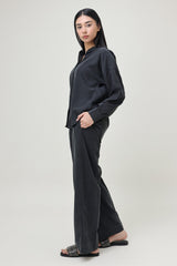 CO-ORD SET WITH MANDARIN COLLAR SHIRT & RELAXED TROUSER-BLACK