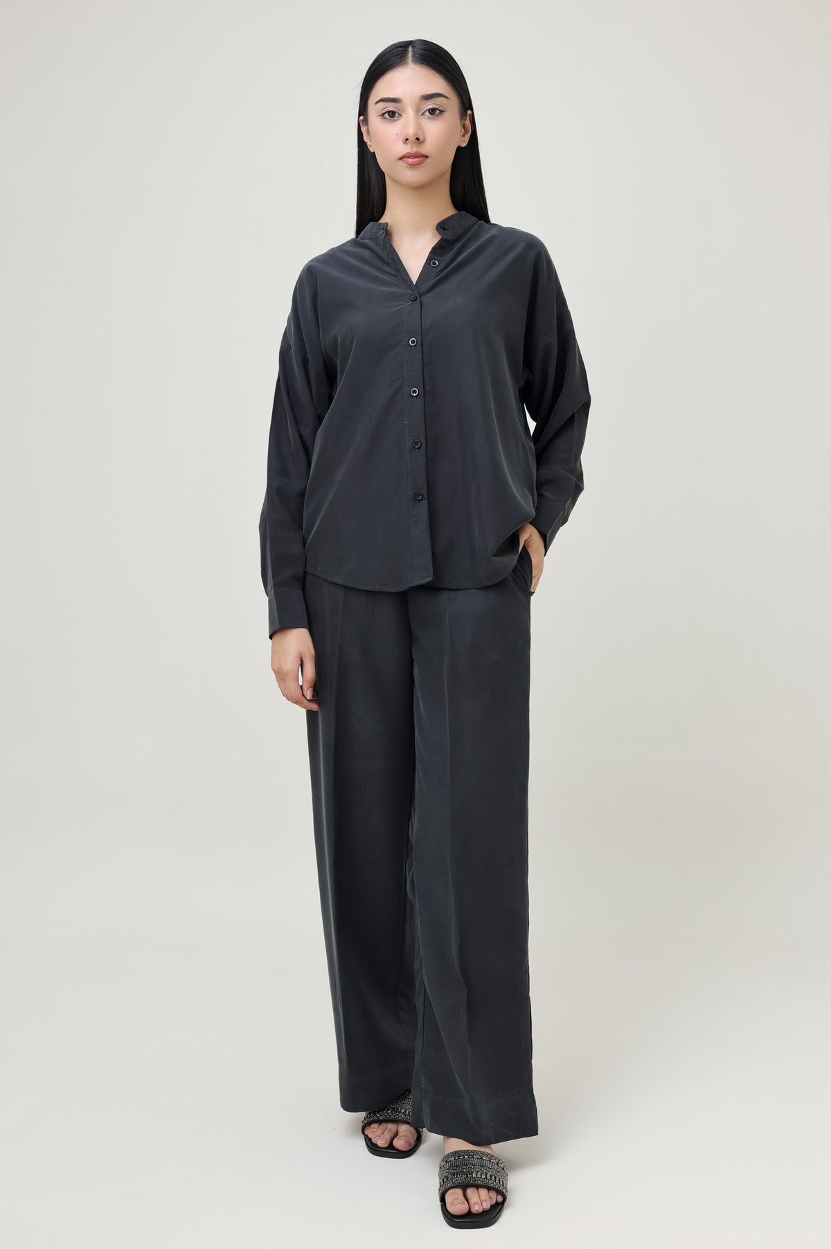 CO-ORD SET WITH MANDARIN COLLAR SHIRT & RELAXED TROUSER-BLACK