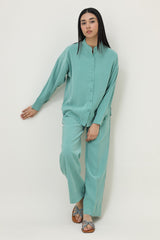 CO-ORD SET WITH MANDARIN COLLAR SHIRT & RELAXED TROUSER-GREEN