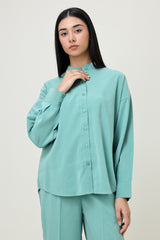 CO-ORD SET WITH MANDARIN COLLAR SHIRT & RELAXED TROUSER-GREEN