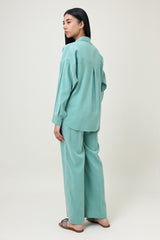 CO-ORD SET WITH MANDARIN COLLAR SHIRT & RELAXED TROUSER-GREEN