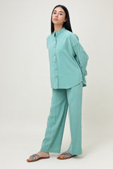 CO-ORD SET WITH MANDARIN COLLAR SHIRT & RELAXED TROUSER-GREEN