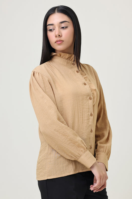 COTTON CRINKLE SHIRT WITH RUFFLED COLLAR-GOLD