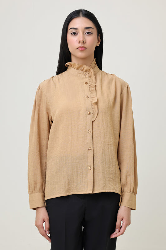 COTTON CRINKLE SHIRT WITH RUFFLED COLLAR-GOLD
