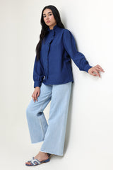COTTON CRINKLE SHIRT WITH RUFFLED COLLAR-BLUE