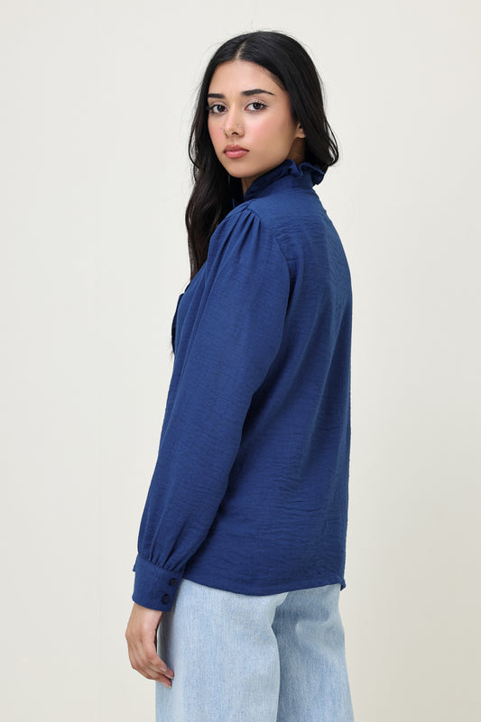 COTTON CRINKLE SHIRT WITH RUFFLED COLLAR-BLUE