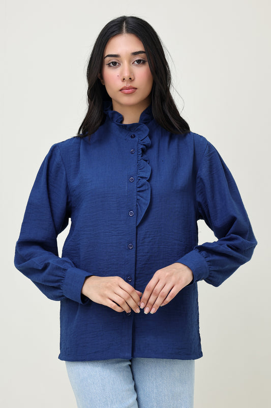 COTTON CRINKLE SHIRT WITH RUFFLED COLLAR-BLUE