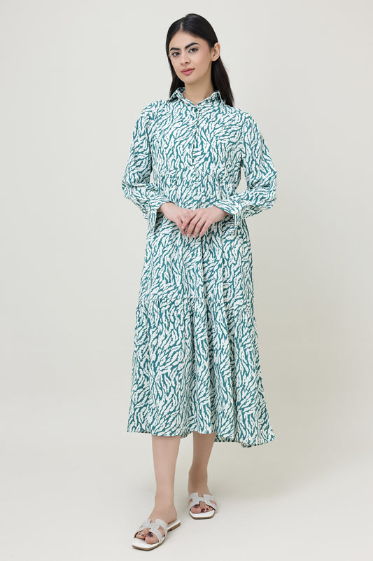 : PRINTED COTTON MIDI DRESS-GREEN