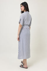 STRIPED BUTTON-DOWN DRESS WITH WAIST TIE-GREY