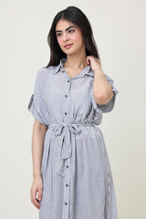 STRIPED BUTTON-DOWN DRESS WITH WAIST TIE-GREY