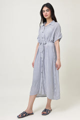 STRIPED BUTTON-DOWN DRESS WITH WAIST TIE-GREY