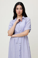STRIPED BUTTON-DOWN DRESS WITH WAIST TIE-S-BLUE