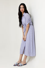 STRIPED BUTTON-DOWN DRESS WITH WAIST TIE-S-BLUE