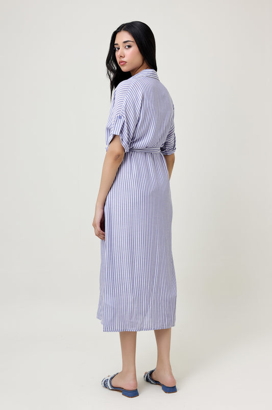 STRIPED BUTTON-DOWN DRESS WITH WAIST TIE-S-BLUE
