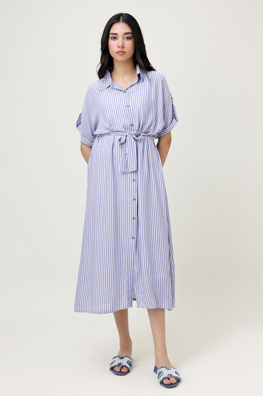 STRIPED BUTTON-DOWN DRESS WITH WAIST TIE-S-BLUE