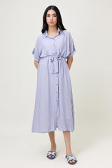 STRIPED BUTTON-DOWN DRESS WITH WAIST TIE-S-BLUE