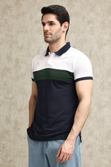 TRIPLE-TONE COLOR BLOCK PIQUE POLO SHIRT-WHT-GRN-NAVY