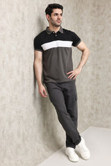 TRIPLE-TONE COLOR BLOCK PIQUE POLO SHIRT-BLK-WHT-GREY