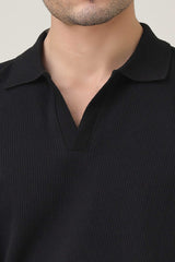 RIB COLLAR KNIT POLO-BLACK