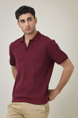 RIB COLLAR KNIT POLO-BURGUNDY