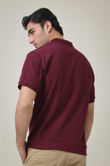 RIB COLLAR KNIT POLO-BURGUNDY