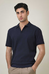 RIB COLLAR KNIT POLO-NAVY