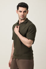RIB COLLAR KNIT POLO-OLIVE