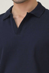 RIB COLLAR KNIT POLO-NAVY