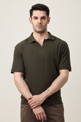 RIB COLLAR KNIT POLO-OLIVE