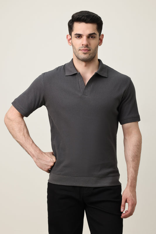 RIB COLLAR KNIT POLO-GREY