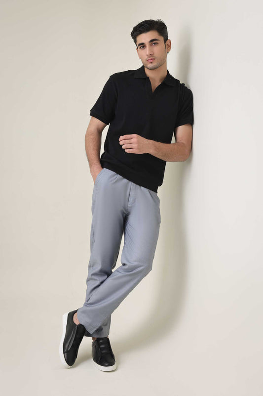 RIB COLLAR KNIT POLO-BLACK