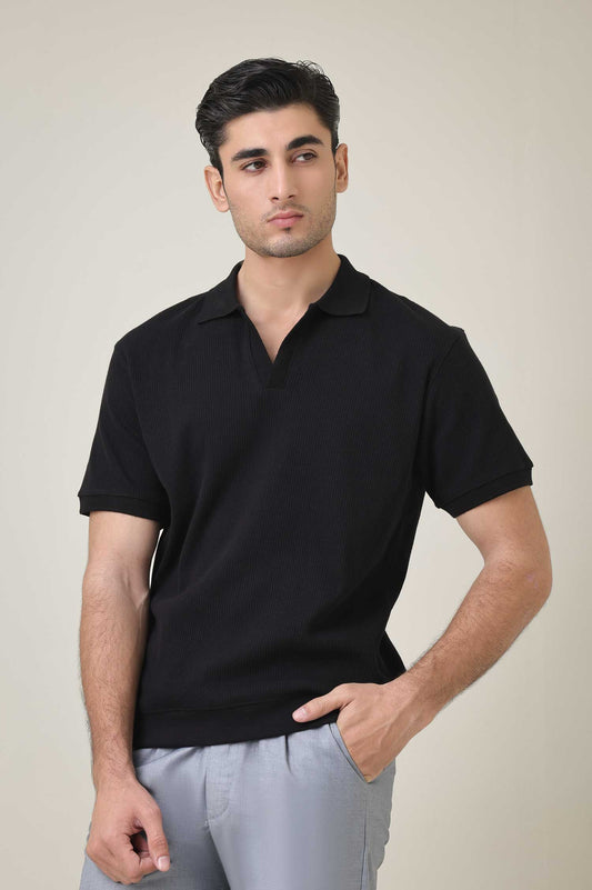 RIB COLLAR KNIT POLO-BLACK
