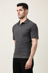 RIB COLLAR KNIT POLO-GREY