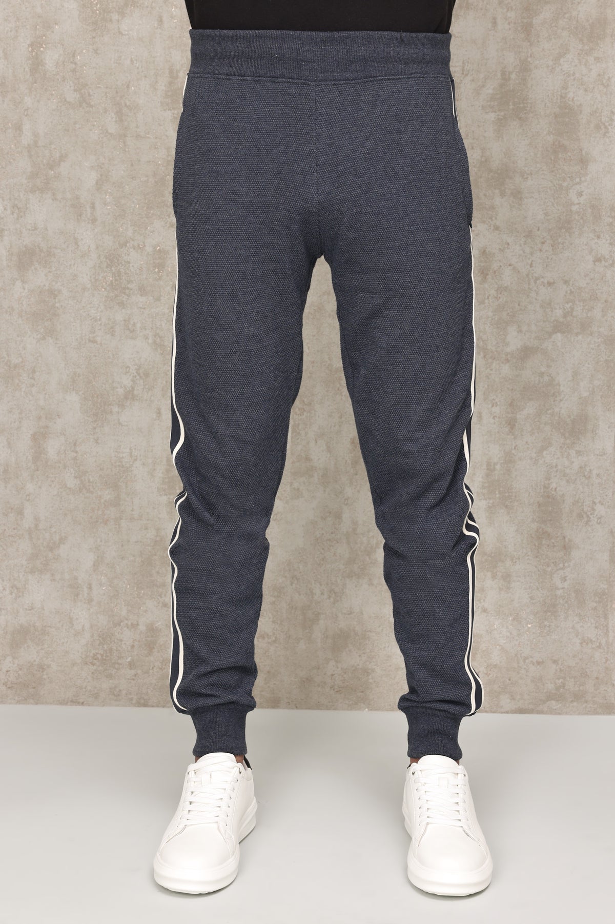 TEXTURED TRACK PANTS WITH CONTRAST PIPING-DENIM