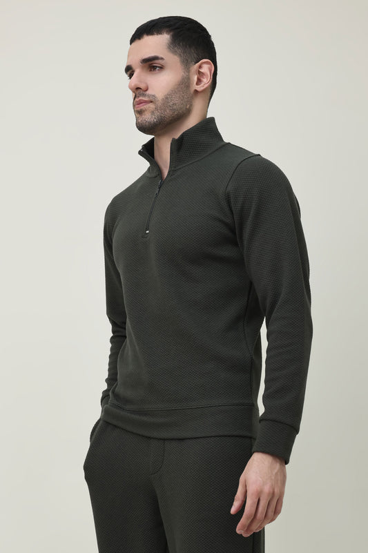 PREMIUM TEXTURED HALF-ZIP SWEATSHIRT-OLIVE