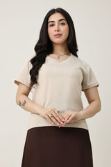 SOFT TOUCH V-NECK EVERYDAY TOP-BEIGE