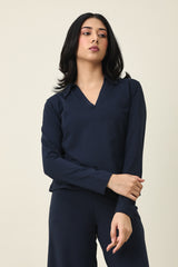 MODERN V-NECK COLLAR TOP-NAVY
