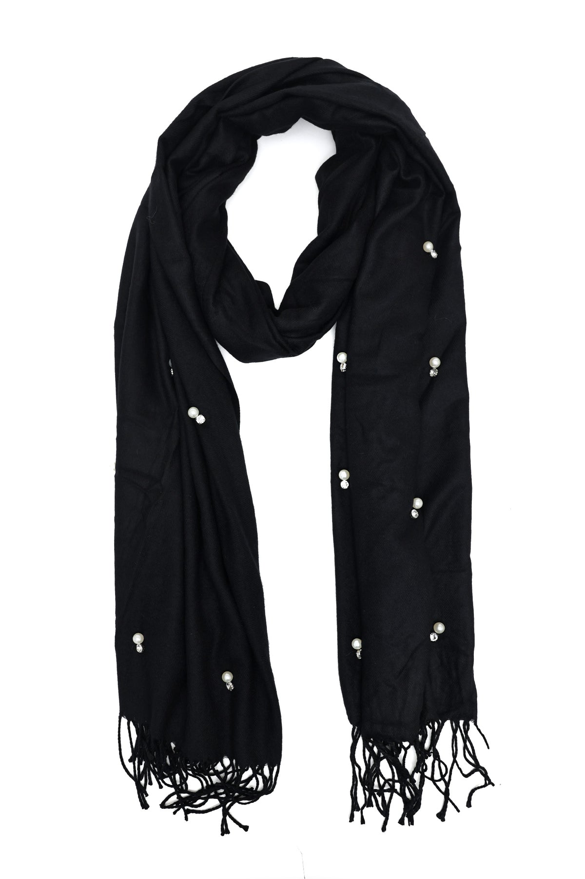 PEARL ACCENT FRINGE SCARF-BLACK