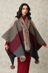 GEOMETRIC KNIT FUR CAPE-BROWN