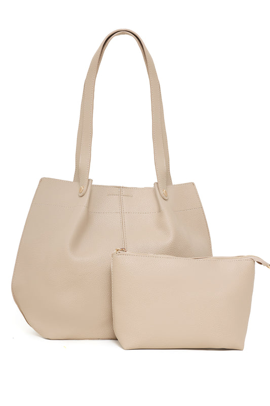 FAUX LEATHER TOTE AND POUCH DUO-KHAKI