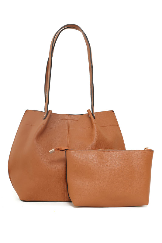FAUX LEATHER TOTE AND POUCH DUO-BROWN