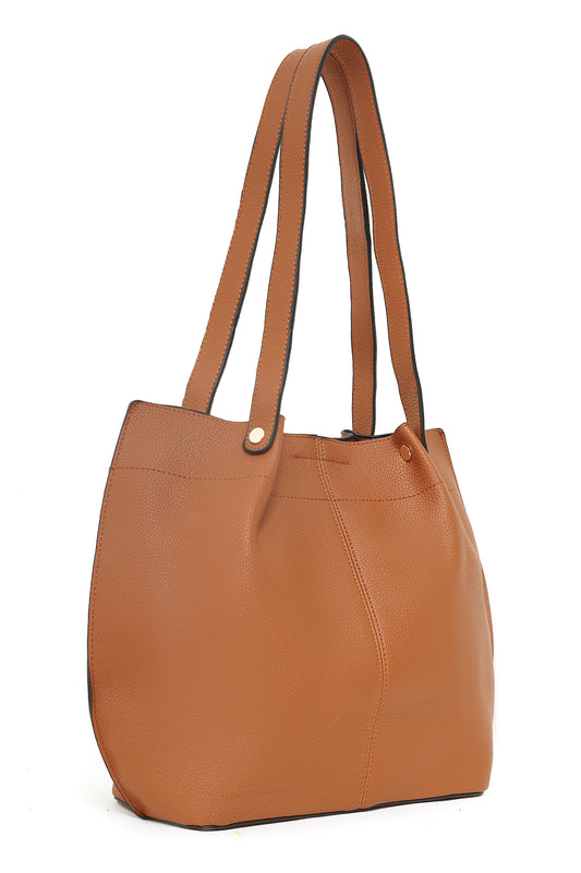 FAUX LEATHER TOTE AND POUCH DUO-BROWN