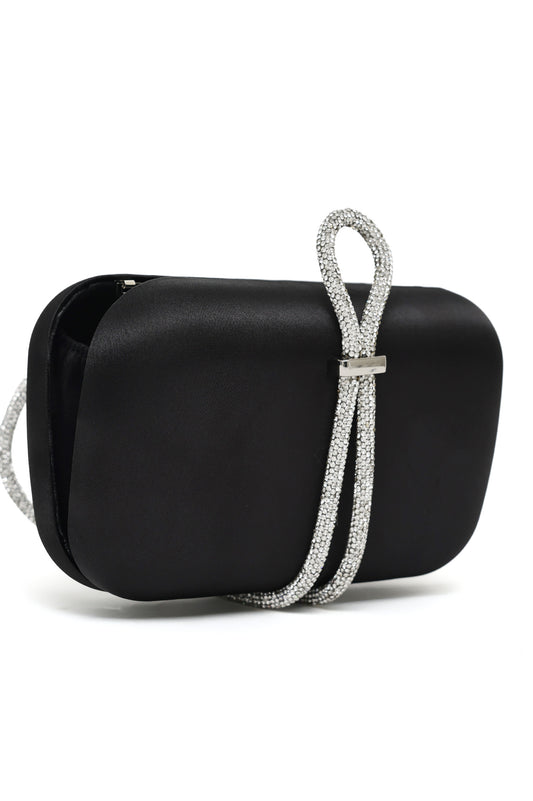 SATIN CRYSTAL LOOP CLUTCH-BLACK