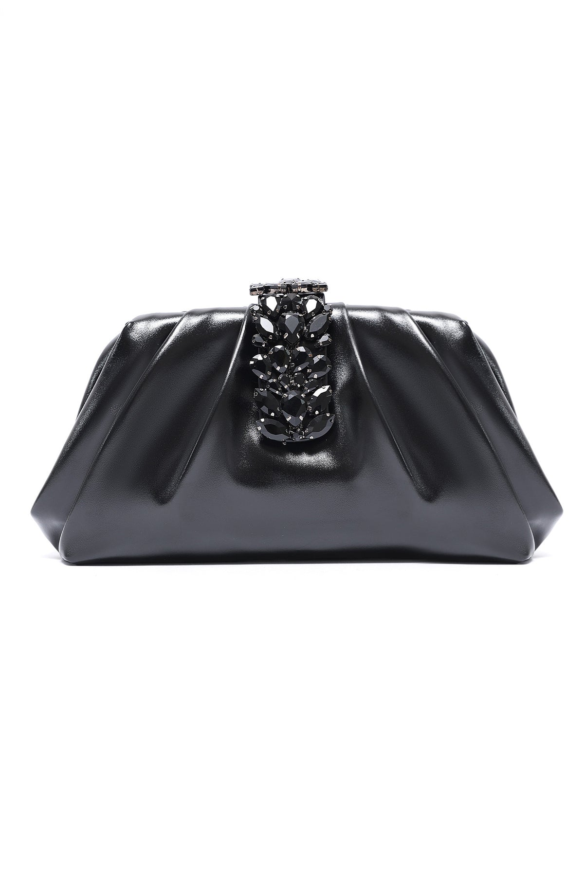 CRYSTAL CLASP PLEATED CLUTCH-BLACK