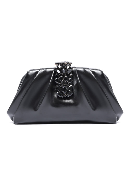 CRYSTAL CLASP PLEATED CLUTCH-BLACK