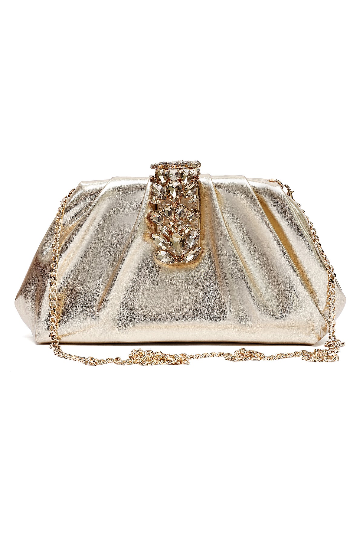 CRYSTAL CLASP PLEATED CLUTCH-GOLD