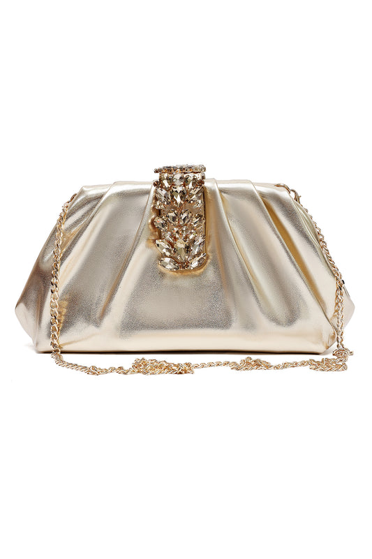 CRYSTAL CLASP PLEATED CLUTCH-GOLD