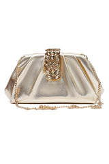 CRYSTAL CLASP PLEATED CLUTCH-GOLD