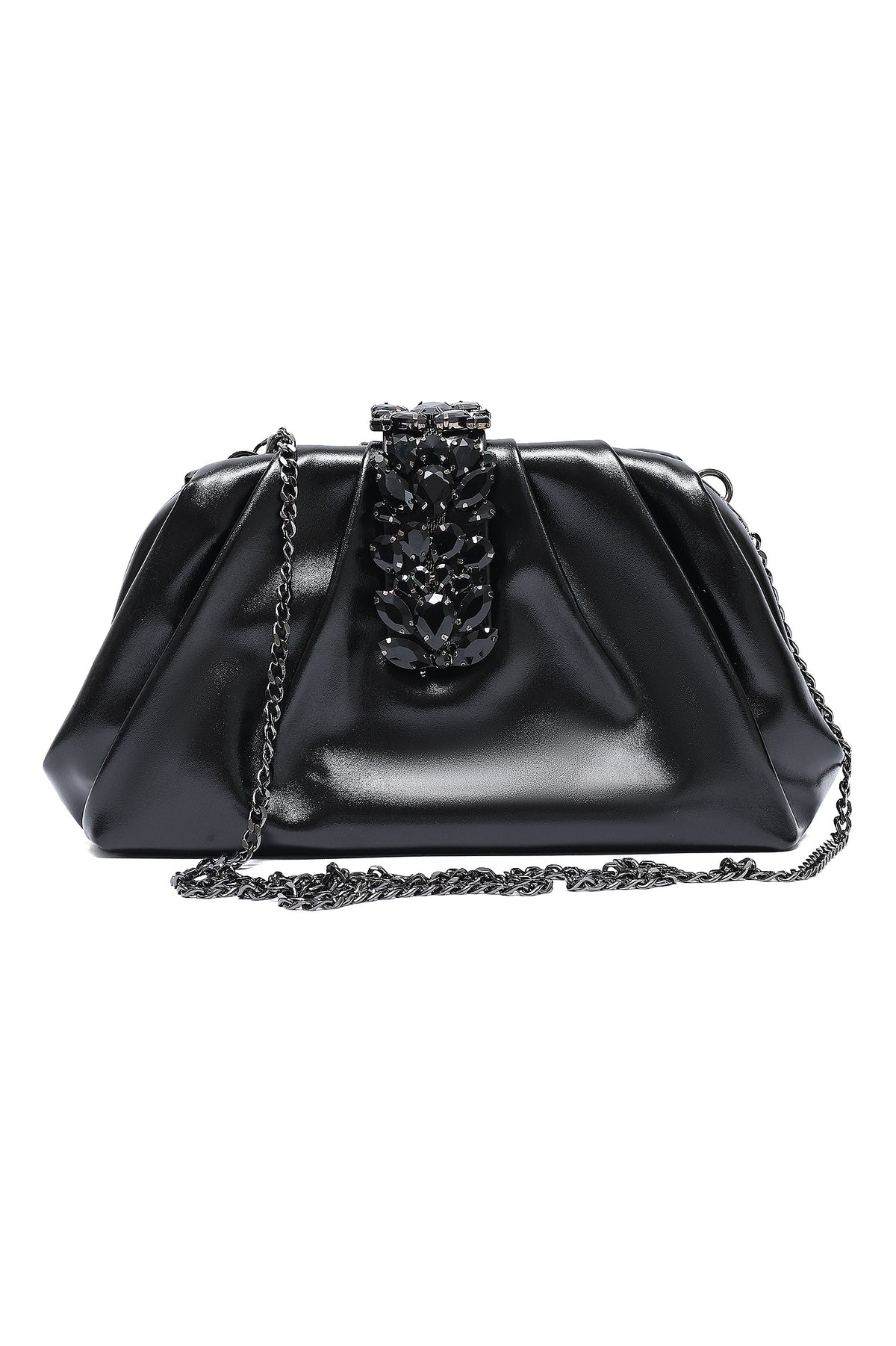 CRYSTAL CLASP PLEATED CLUTCH-BLACK